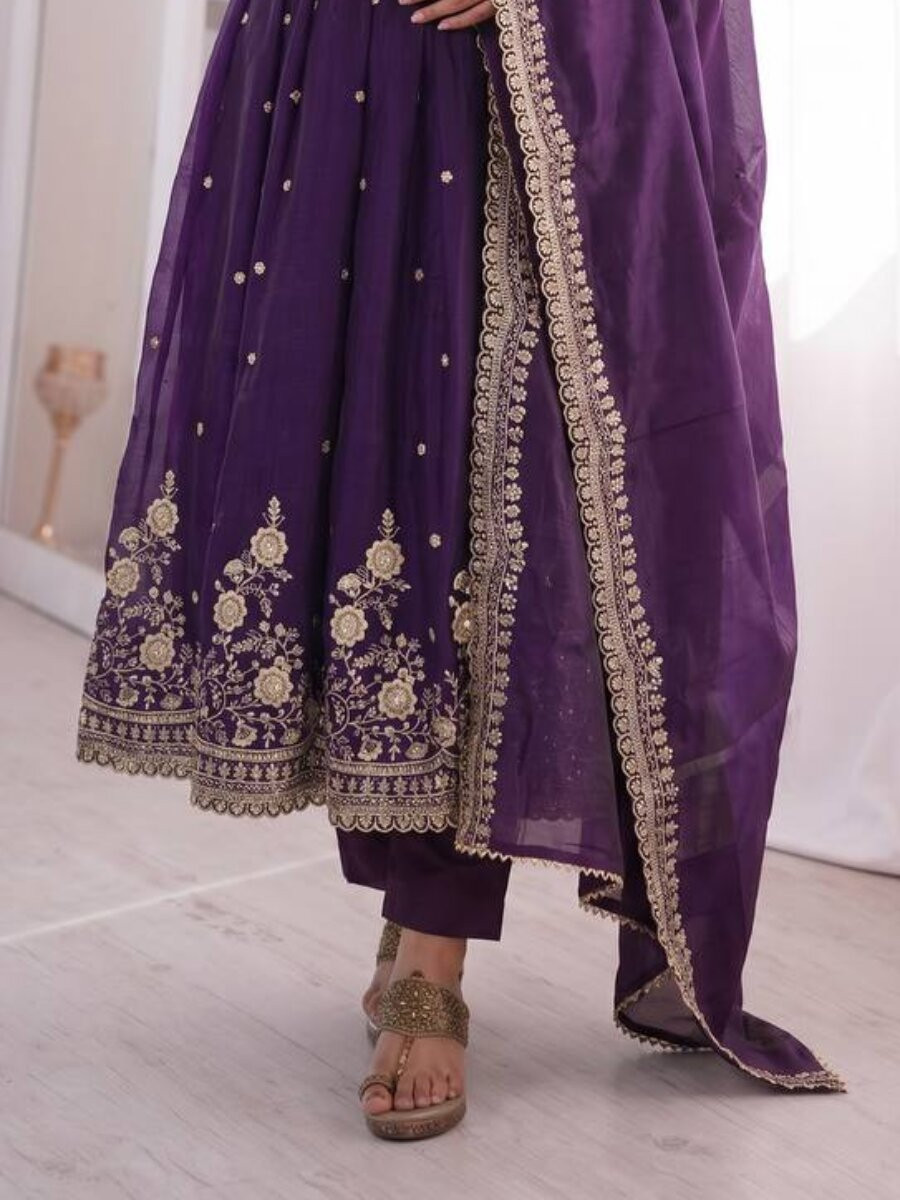 Purple Fandy Silk Embroidery Sequins Zari Wedding Party Festival Casual Ready Anarkali Pant Salwar Kameez