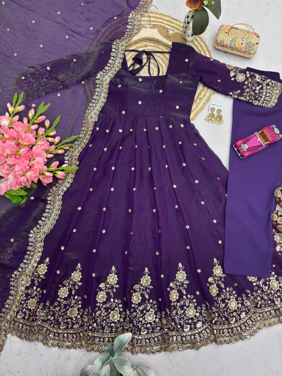 Purple Fandy Silk Embroidery Sequins Zari Wedding Party Festival Casual Ready Anarkali Pant Salwar Kameez