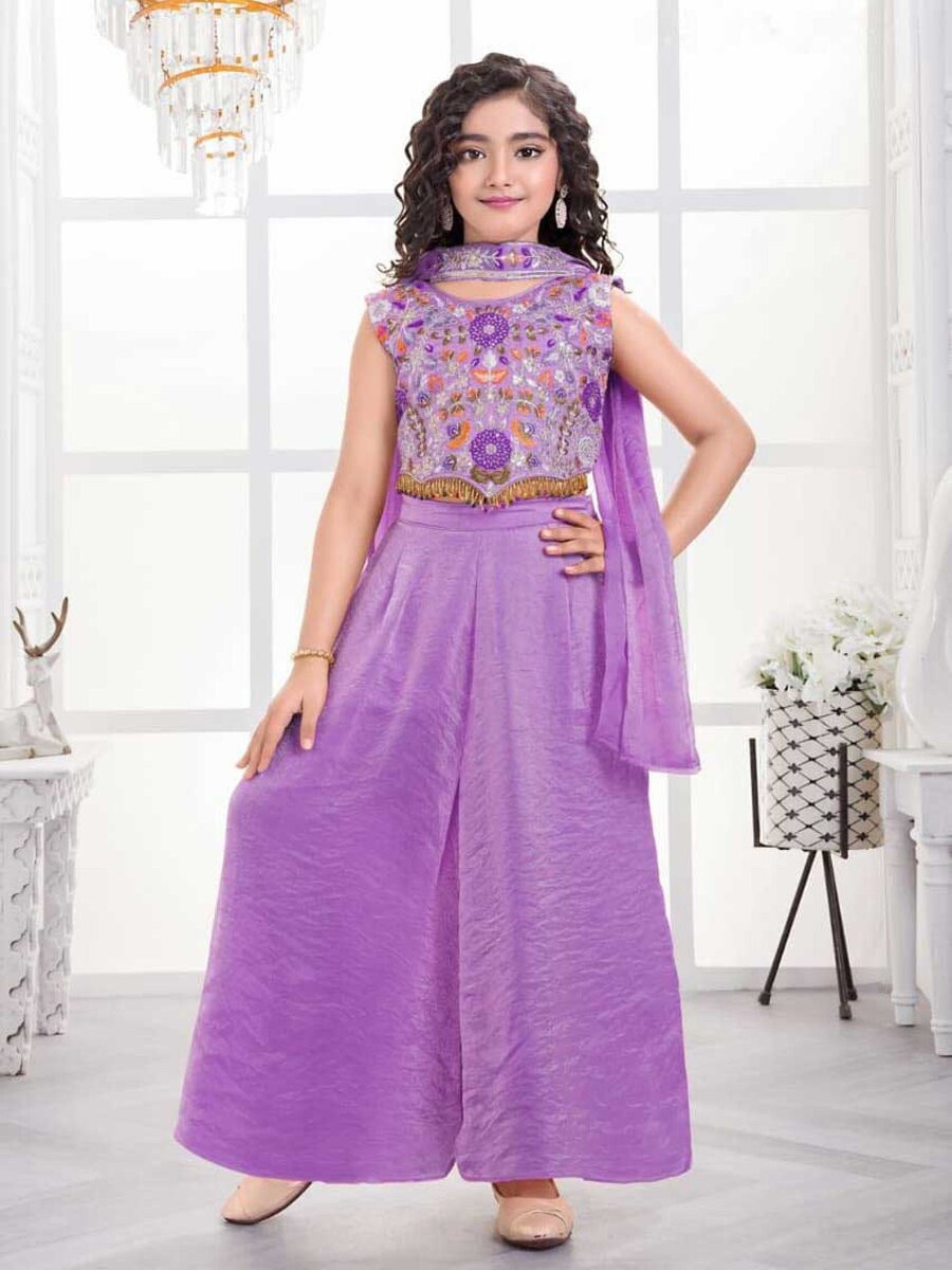 Purple Fandy Silk Fandy Silk Embroidered Traditional Ethnic Casual Festival Party Wedding Salwars Girls Wear