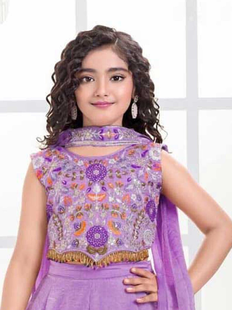 Purple Fandy Silk Fandy Silk Embroidered Traditional Ethnic Casual Festival Party Wedding Salwars Girls Wear