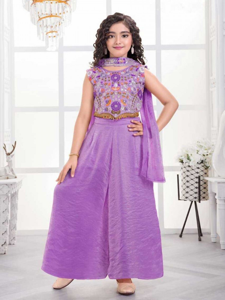 Image of Purple Fandy Silk Fandy Silk Embroidered Traditional Ethnic Casual Festival Party Wedding Salwars Girls Wear