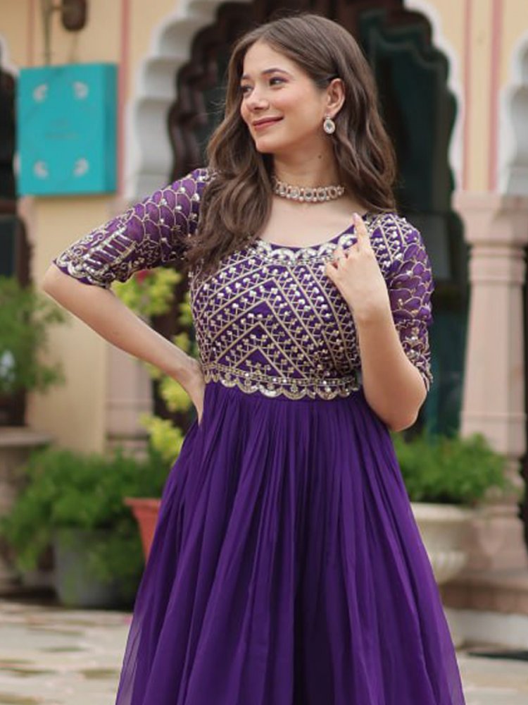 Purple Faux Blooming Embroidered Festival Casual Gown