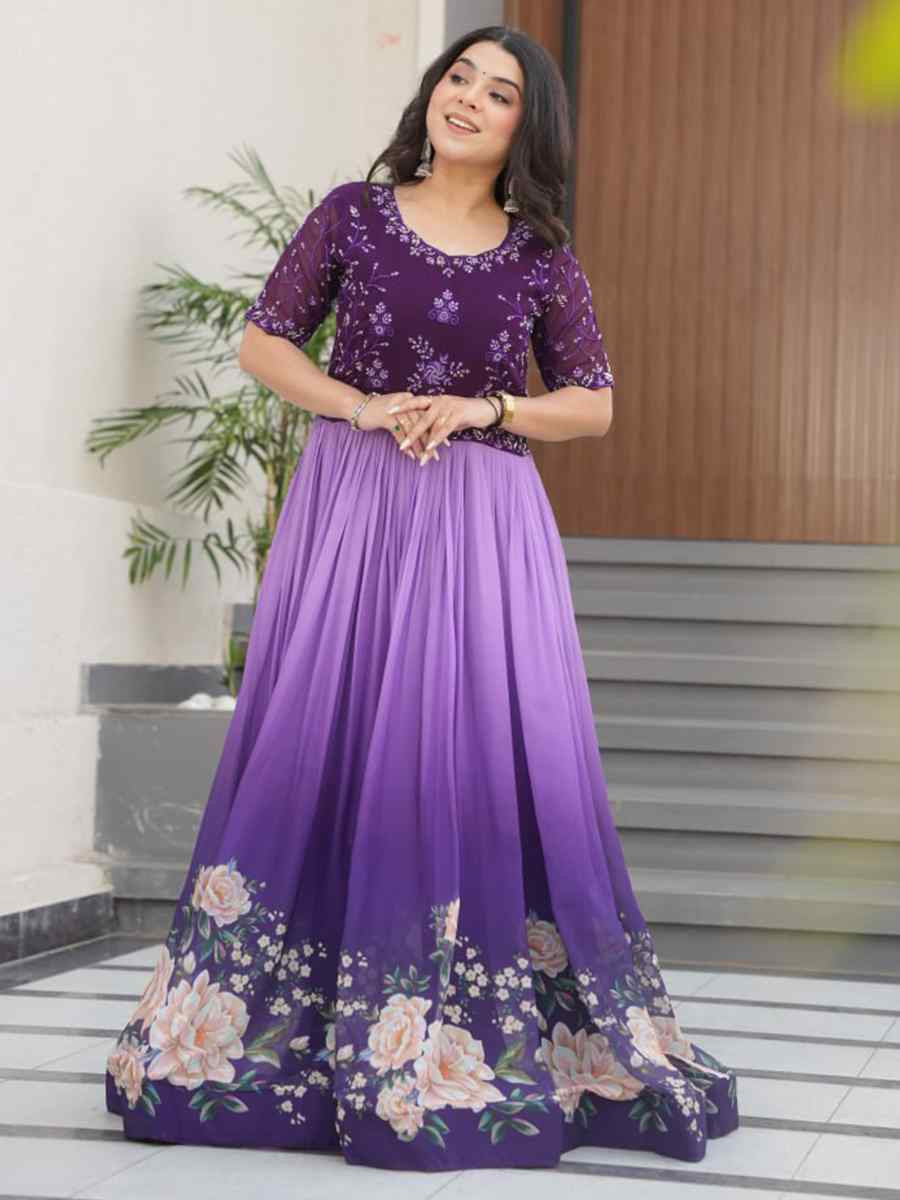 Purple Faux Blooming Embroidered Festival Casual Gown