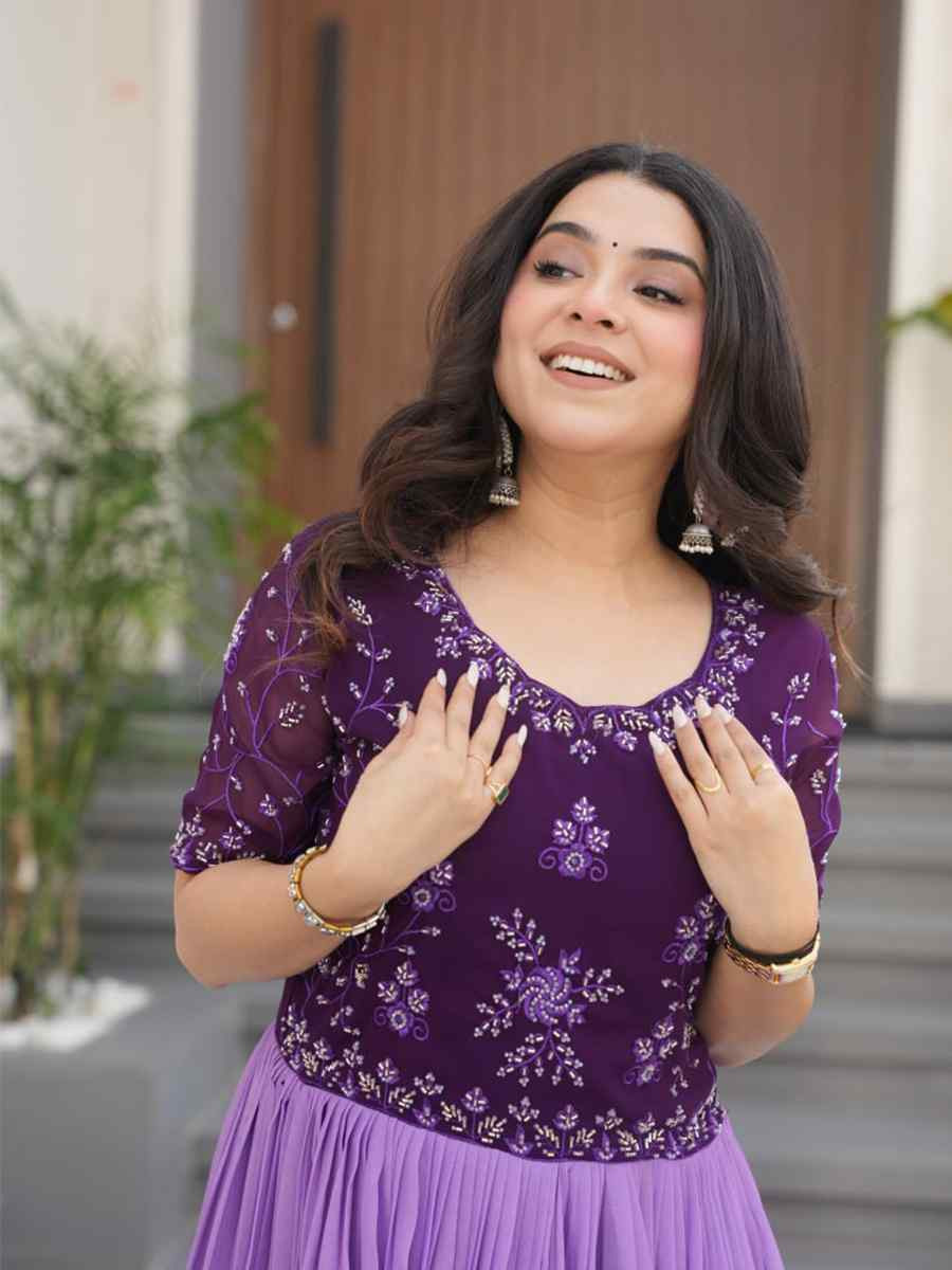 Purple Faux Blooming Embroidered Festival Casual Gown