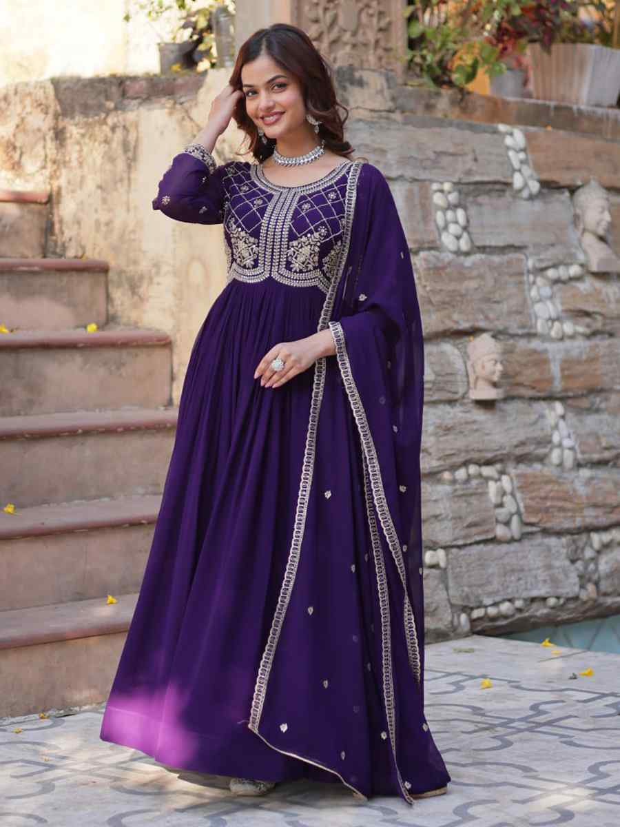 Purple Faux Blooming Embroidered Festival Casual Gown