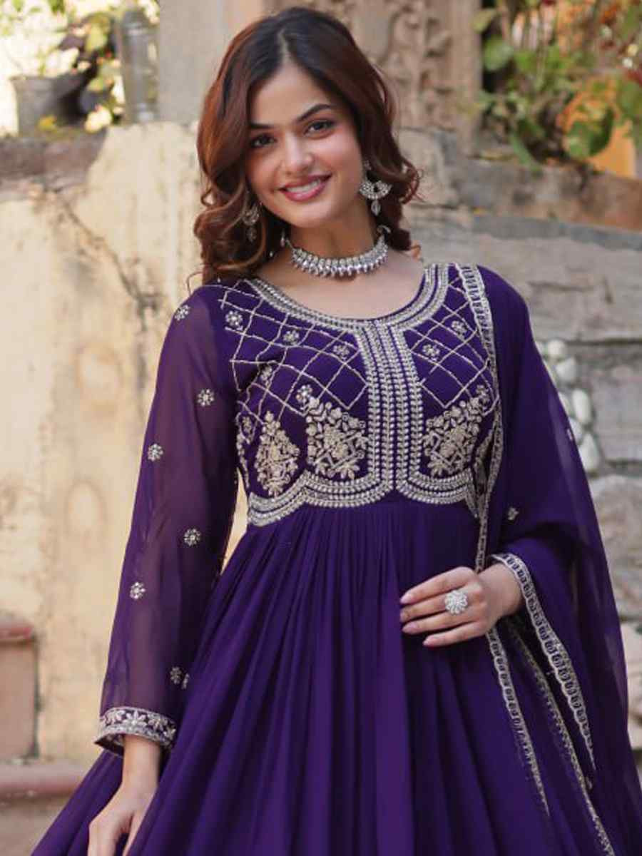 Purple Faux Blooming Embroidered Festival Casual Gown