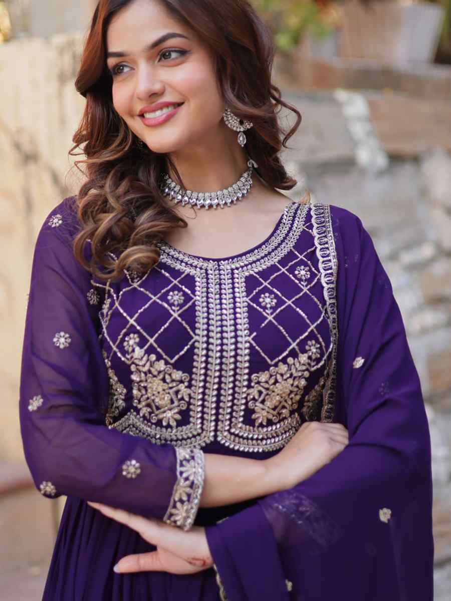 Purple Faux Blooming Embroidered Festival Casual Gown