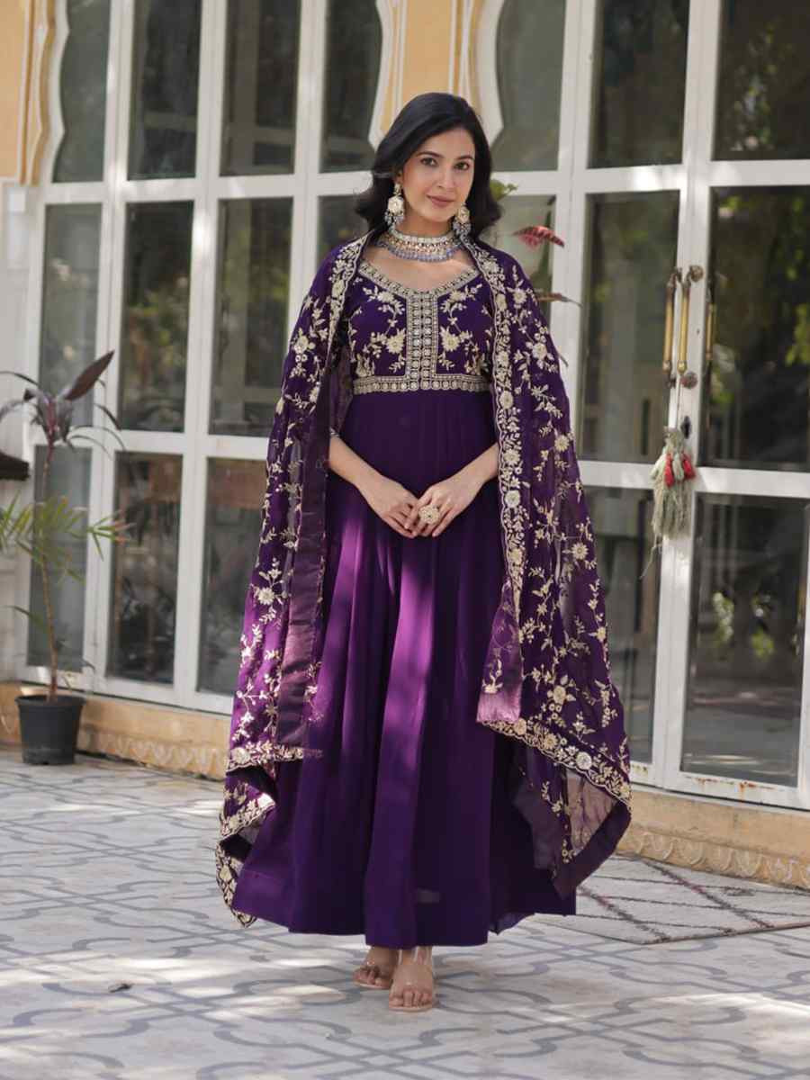Purple Faux Blooming Embroidered Festival Casual Gown