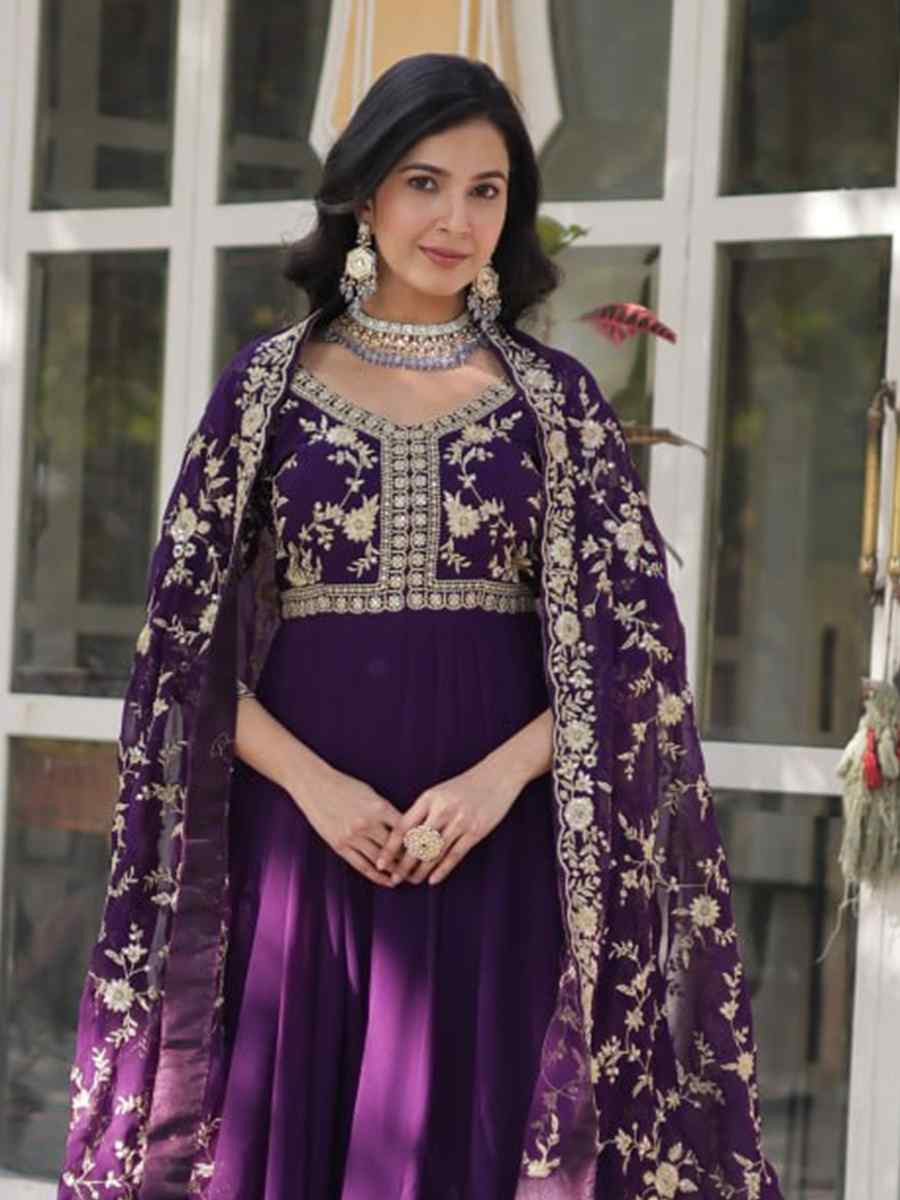 Purple Faux Blooming Embroidered Festival Casual Gown
