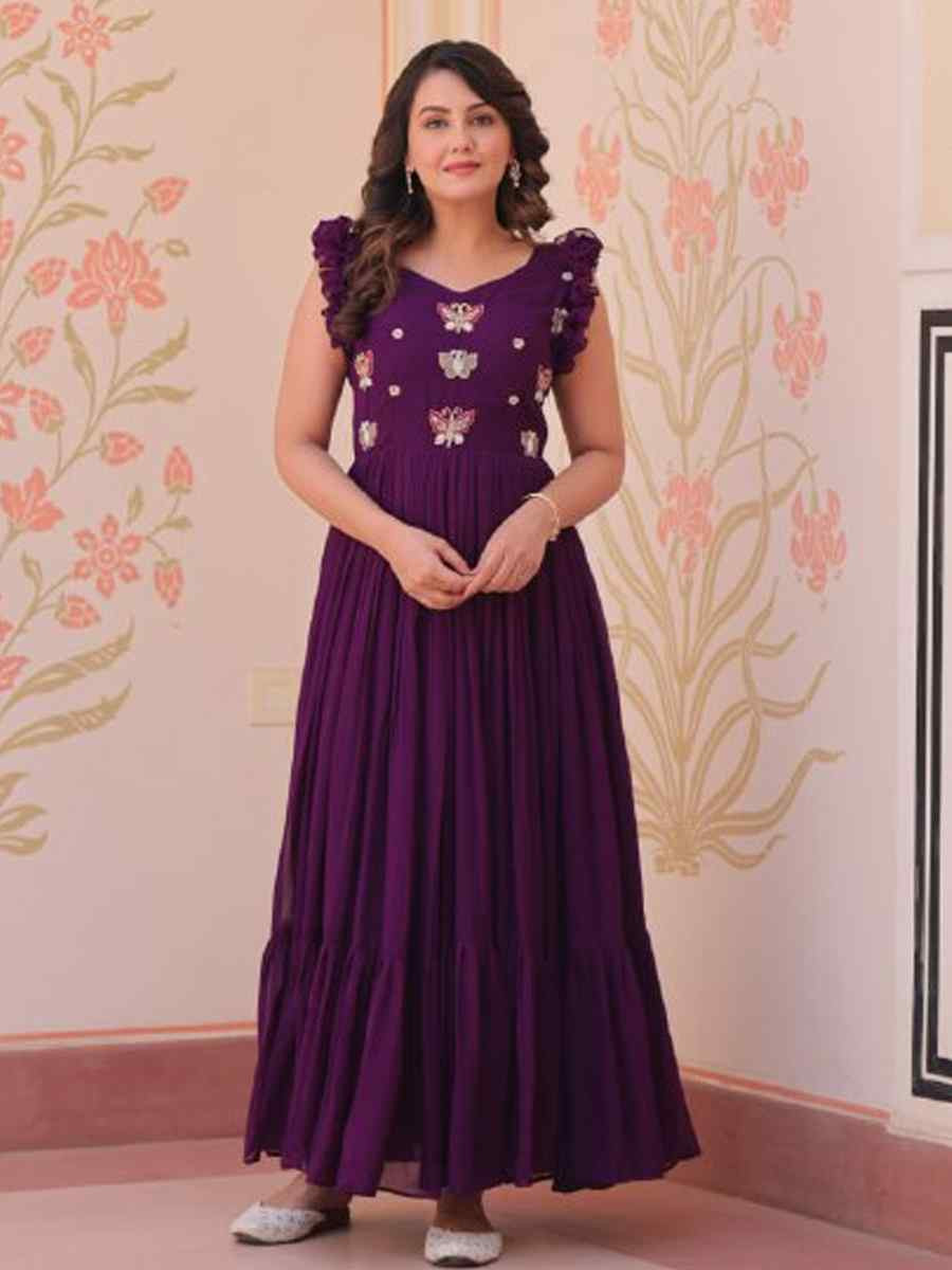 Purple Faux Blooming Embroidered Festival Party Gown