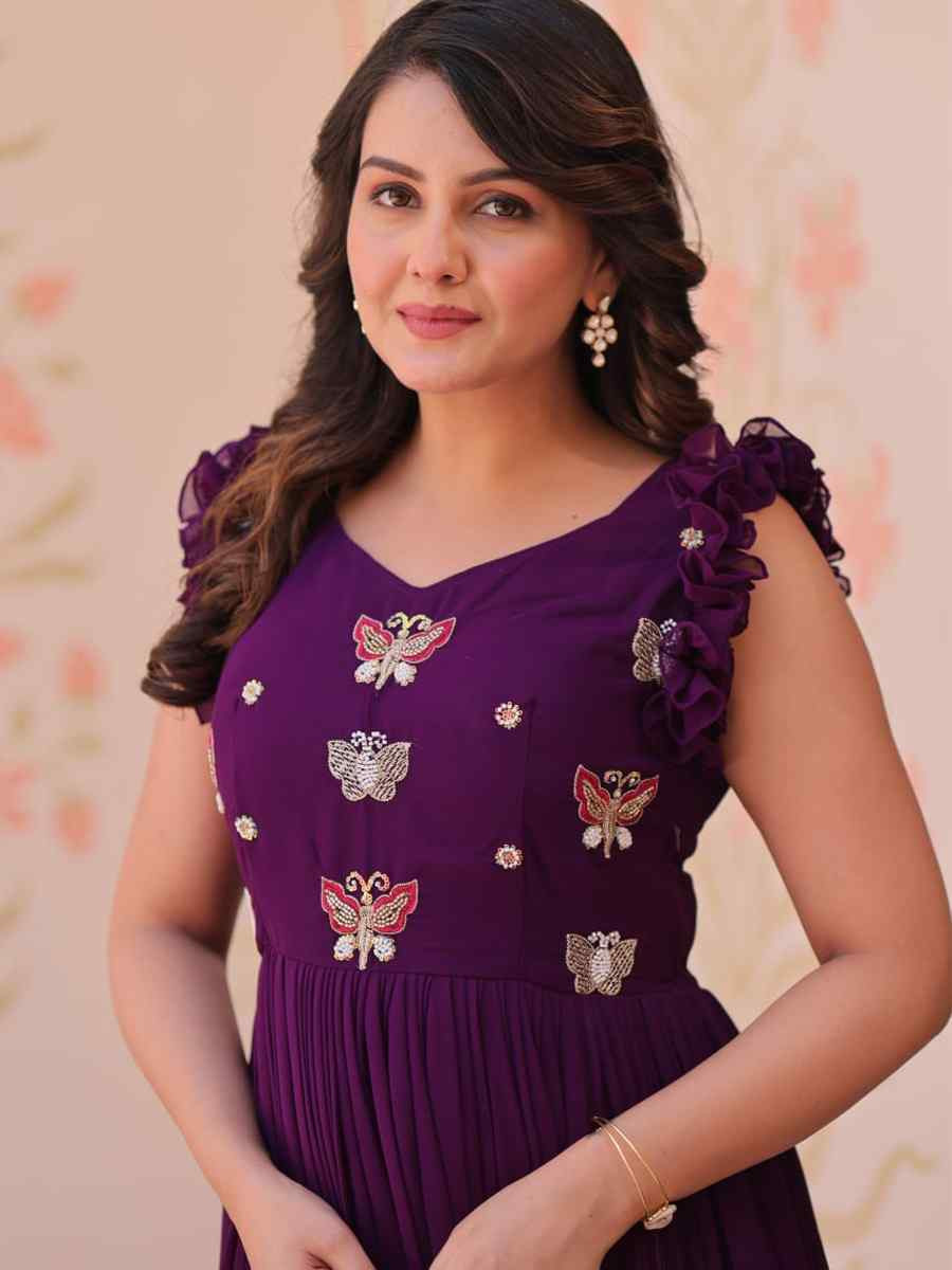 Purple Faux Blooming Embroidered Festival Party Gown