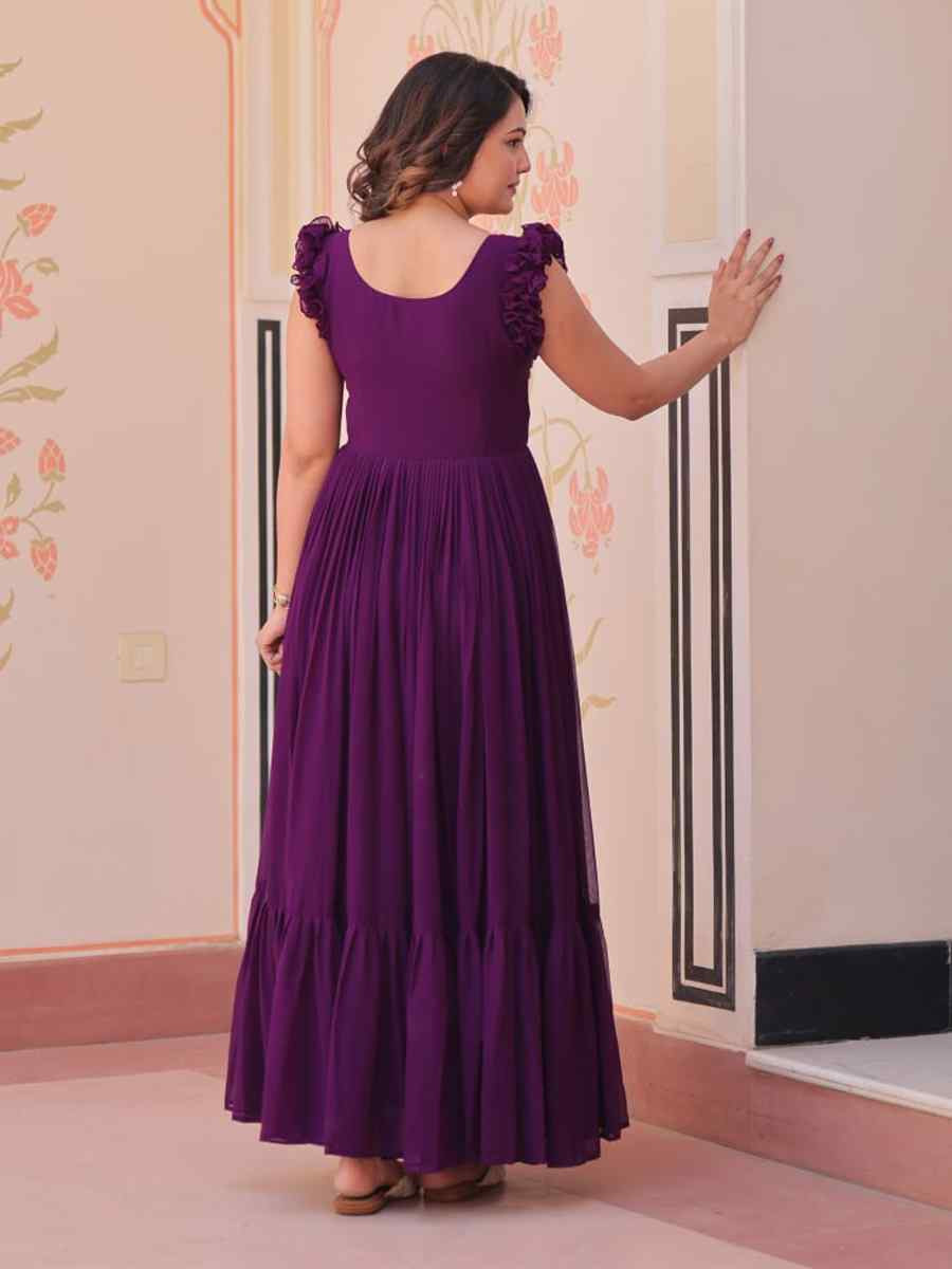 Purple Faux Blooming Embroidered Festival Party Gown