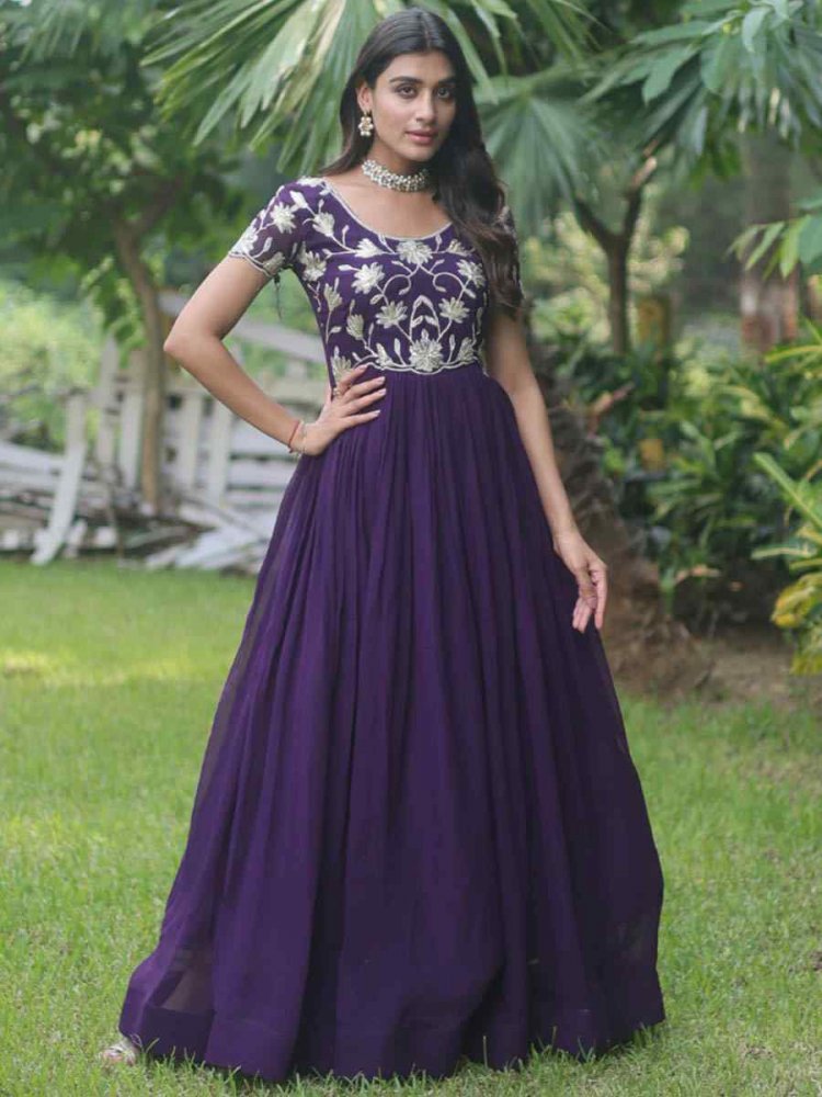 Purple Faux Blooming Embroidered Festival Party Gown