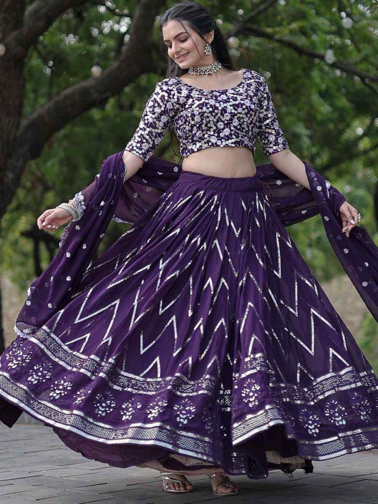 Purple Faux Blooming Embroidered Reception Wedding Heavy Border Lehenga Choli