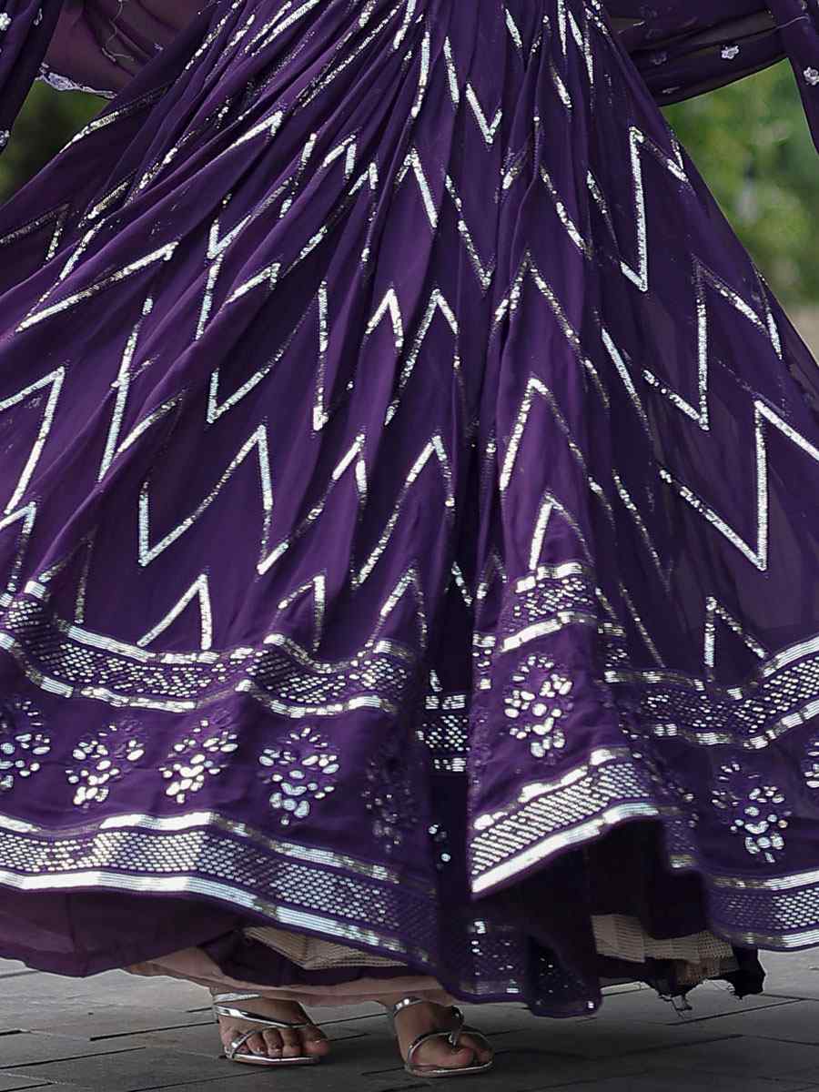 Purple Faux Blooming Embroidered Reception Wedding Heavy Border Lehenga Choli