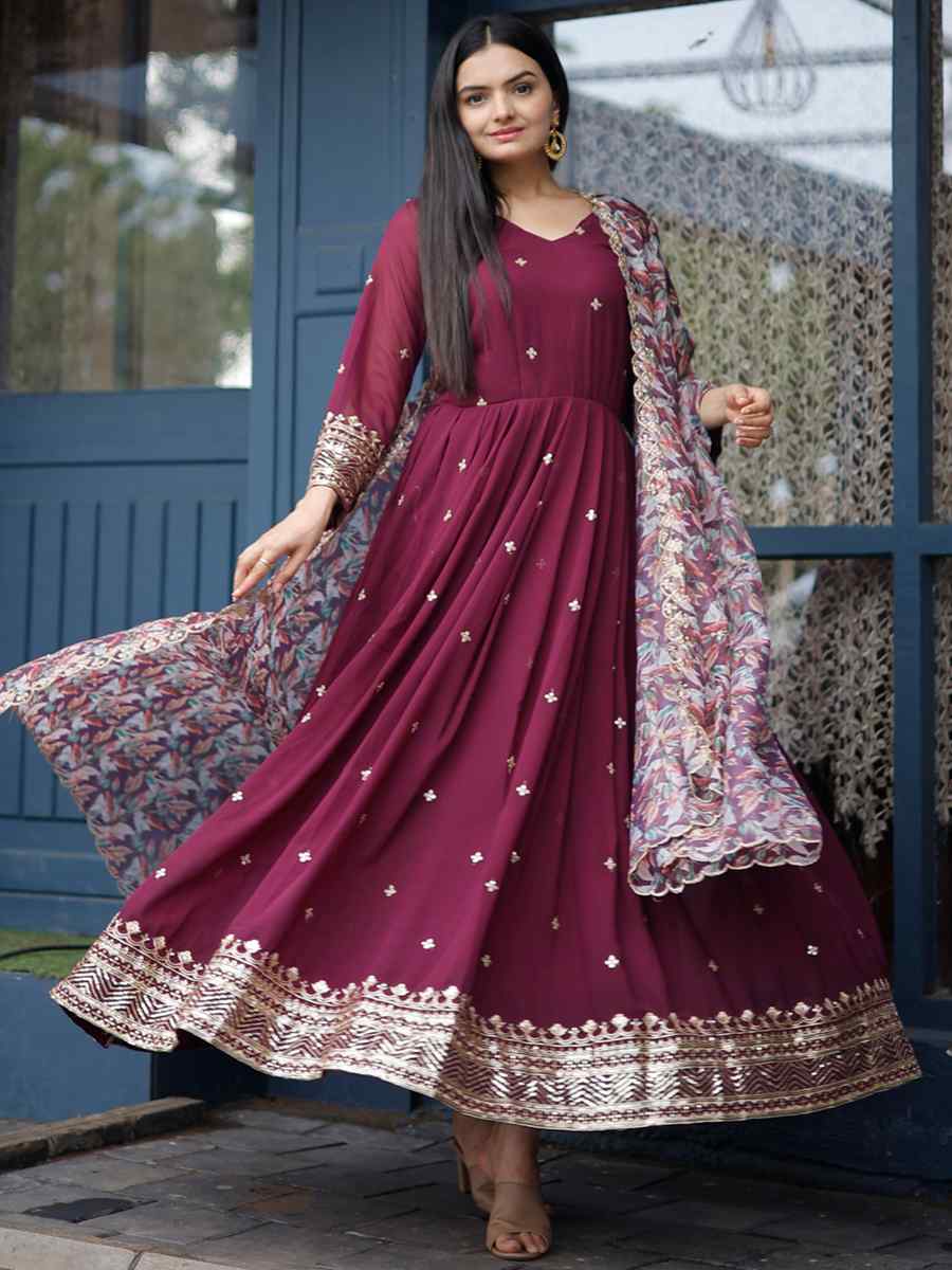 Purple Faux Blooming Georgette Embroidered Festival Party Gown