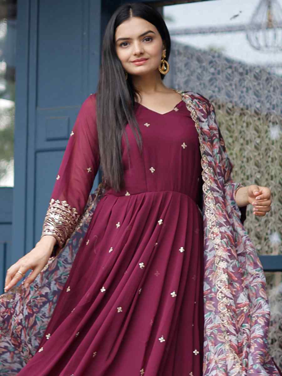 Purple Faux Blooming Georgette Embroidered Festival Party Gown