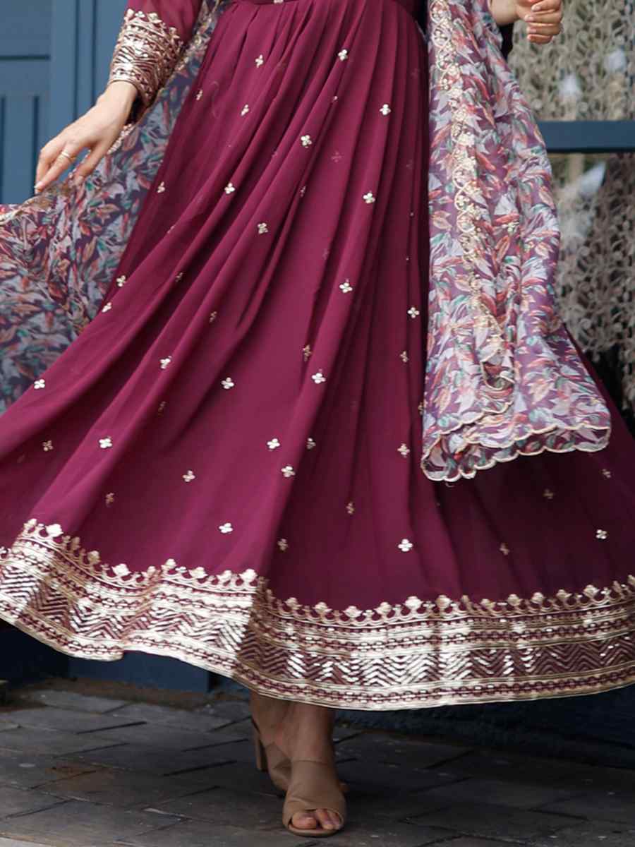 Purple Faux Blooming Georgette Embroidered Festival Party Gown