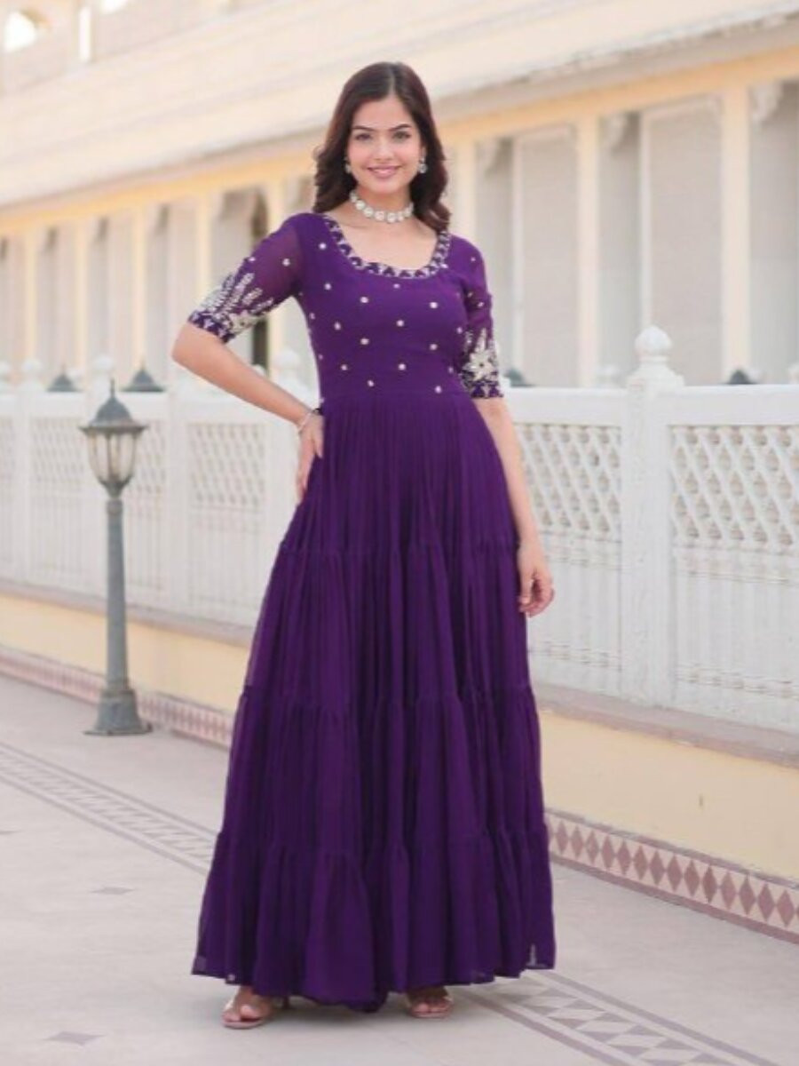 Purple Faux Blooming Georgette Embroidery Sequins Zari Wedding Party Festival Anarkali Salwar Kameez