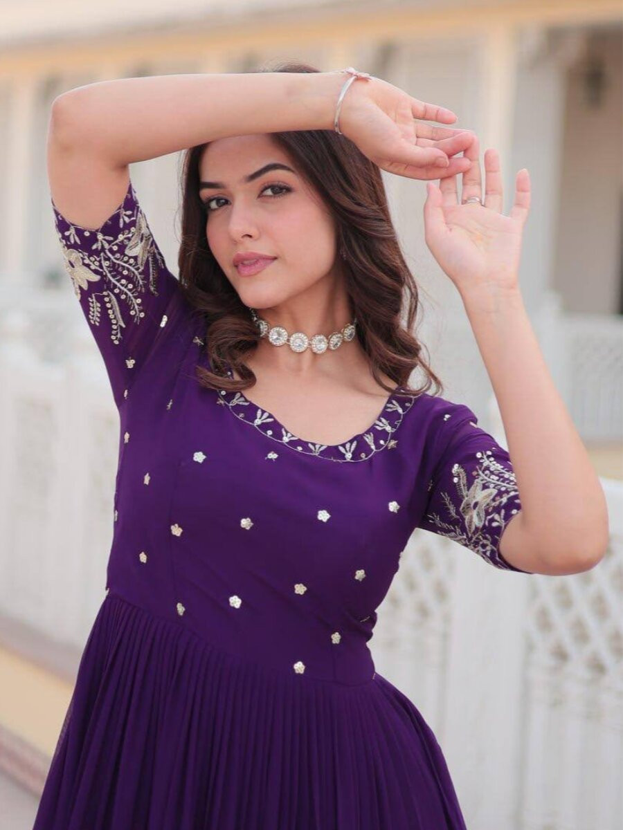Purple Faux Blooming Georgette Embroidery Sequins Zari Wedding Party Festival Anarkali Salwar Kameez