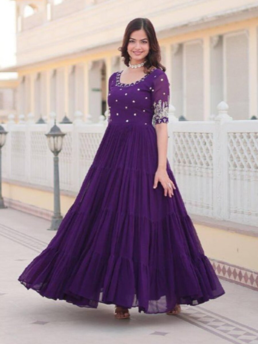 Purple Faux Blooming Georgette Embroidery Sequins Zari Wedding Party Festival Anarkali Salwar Kameez