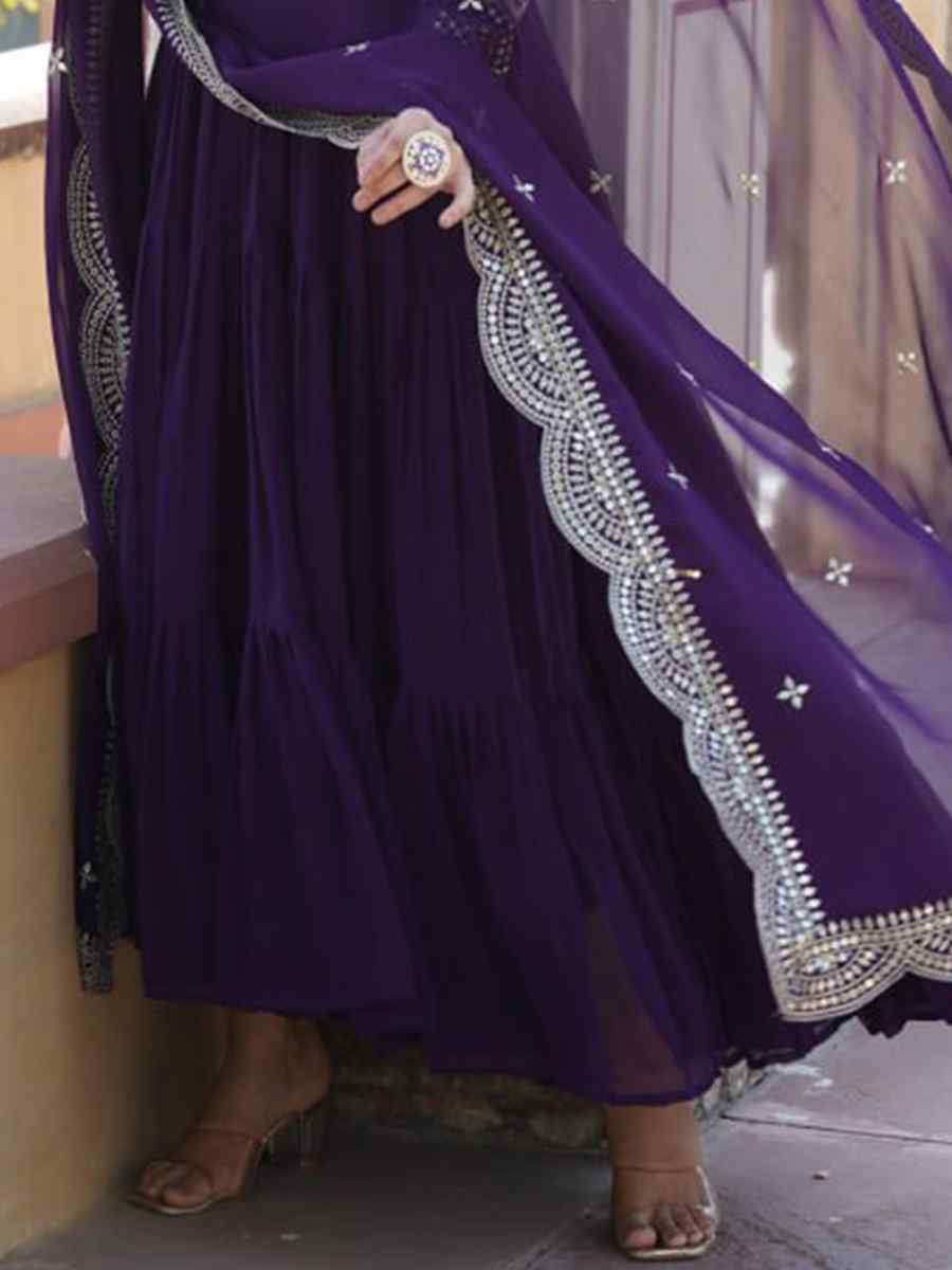 Purple Faux Blooming Viscose Embroidered Festival Casual Gown
