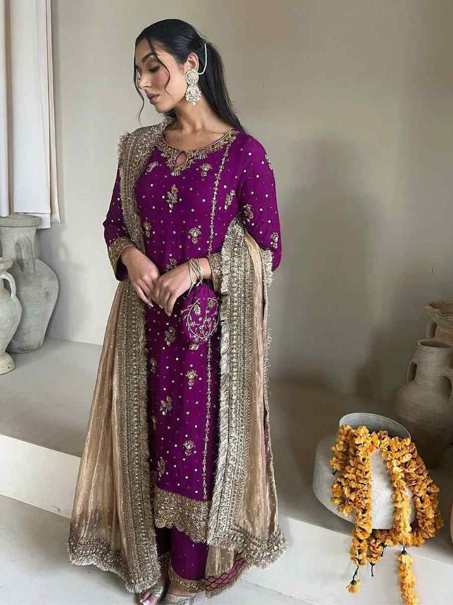 Purple Faux Georgette Embroidered Party Wedding Ready Palazzo Pant Salwar Kameez