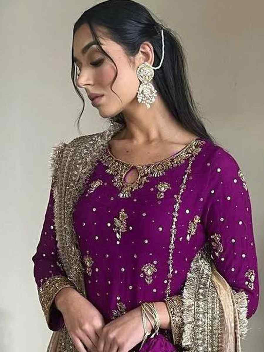 Purple Faux Georgette Embroidered Party Wedding Ready Palazzo Pant Salwar Kameez