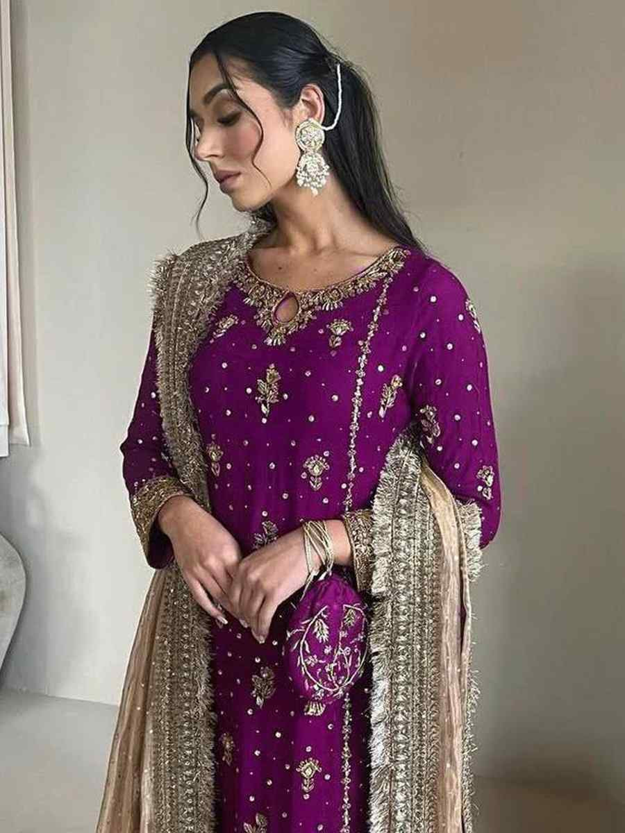 Purple Faux Georgette Embroidered Party Wedding Ready Palazzo Pant Salwar Kameez
