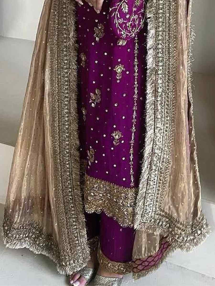 Purple Faux Georgette Embroidered Party Wedding Ready Palazzo Pant Salwar Kameez