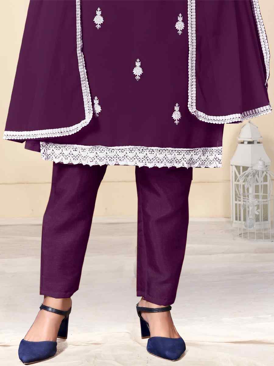 Purple Faux Georgette Embroidered Casual Festival Pant Salwar Kameez