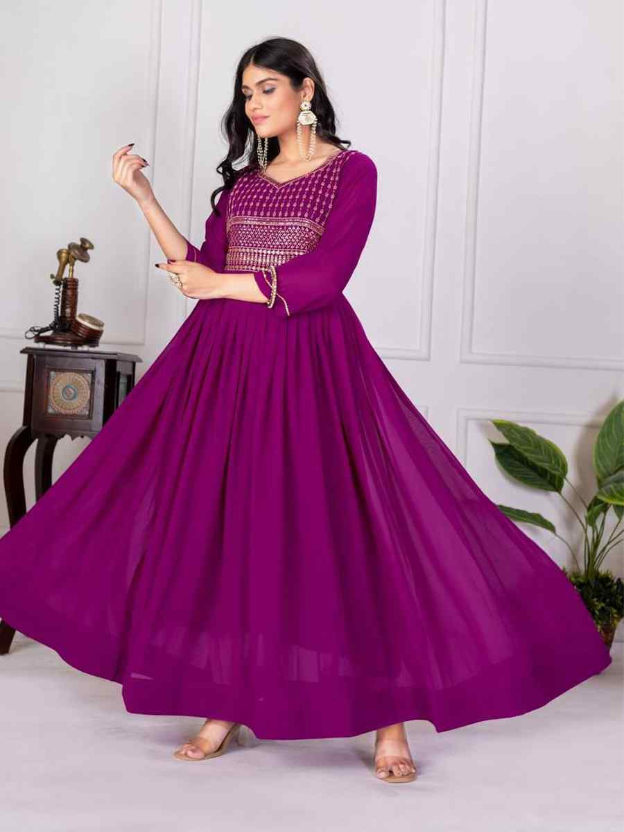 Purple Faux Georgette Embroidered Festival Casual Gown