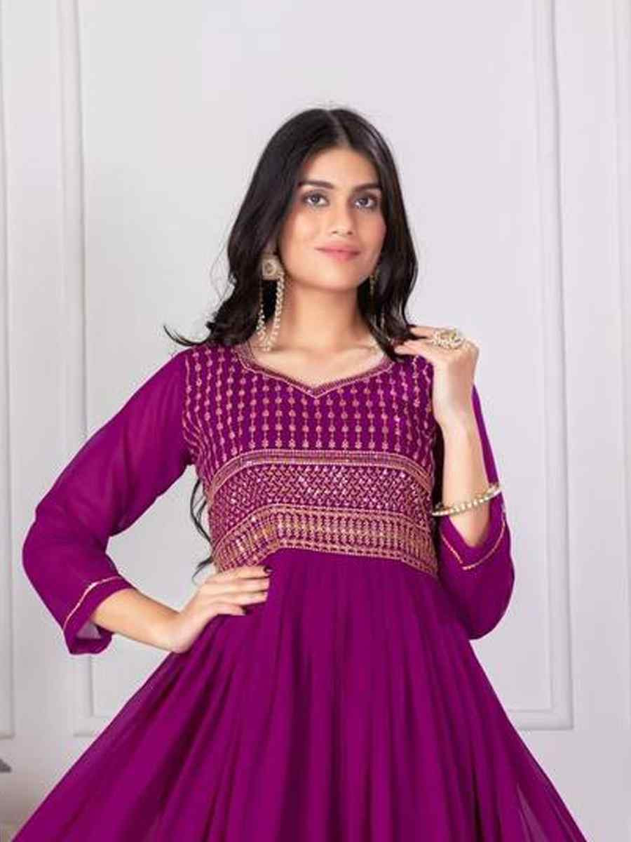 Purple Faux Georgette Embroidered Festival Casual Gown
