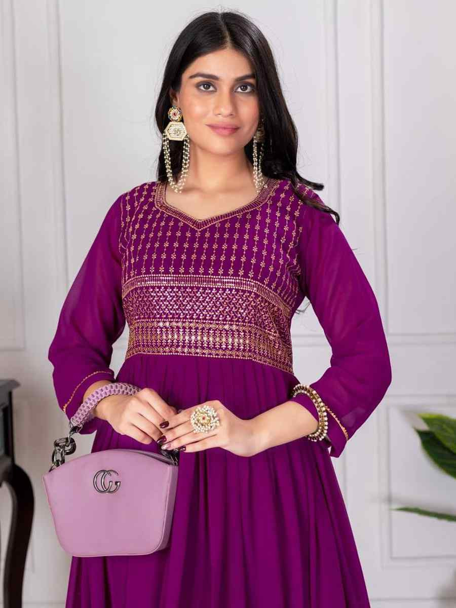 Purple Faux Georgette Embroidered Festival Casual Gown