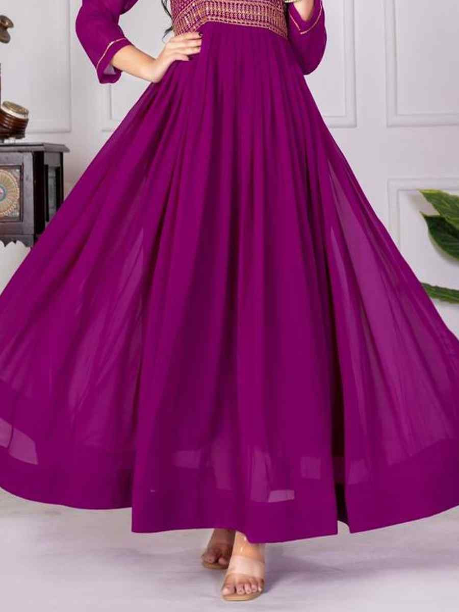Purple Faux Georgette Embroidered Festival Casual Gown