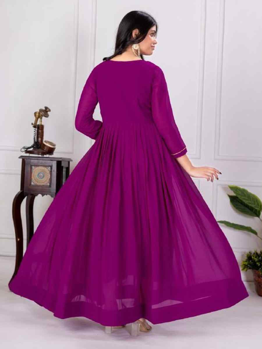 Purple Faux Georgette Embroidered Festival Casual Gown