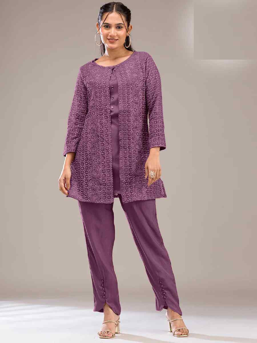 Purple Faux Georgette Embroidered Festival Casual Kurti Bottom Women Wear
