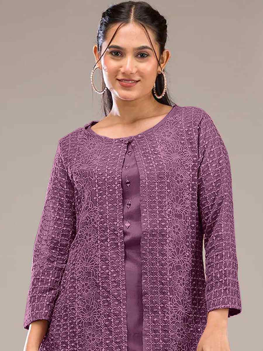 Purple Faux Georgette Embroidered Festival Casual Kurti Bottom Women Wear