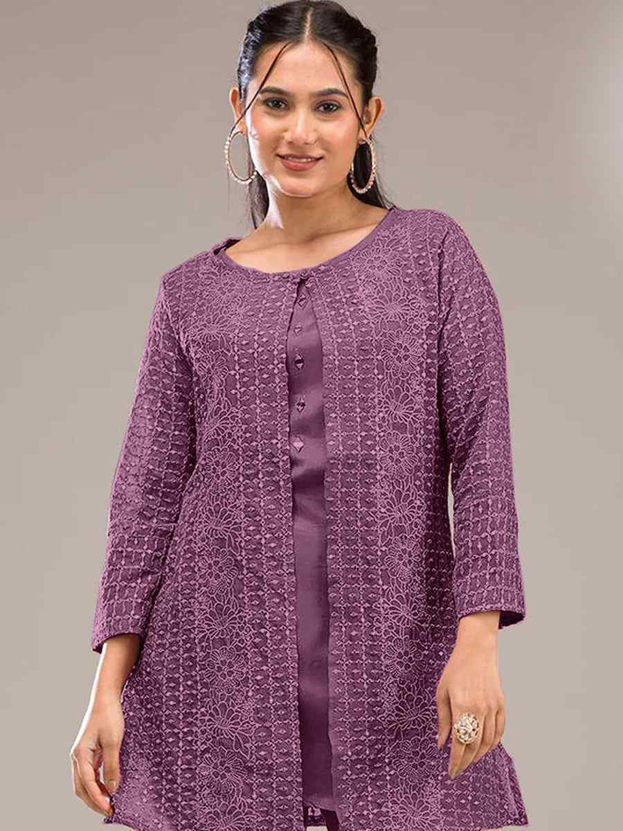 Purple Faux Georgette Embroidered Festival Casual Kurti Bottom Women Wear