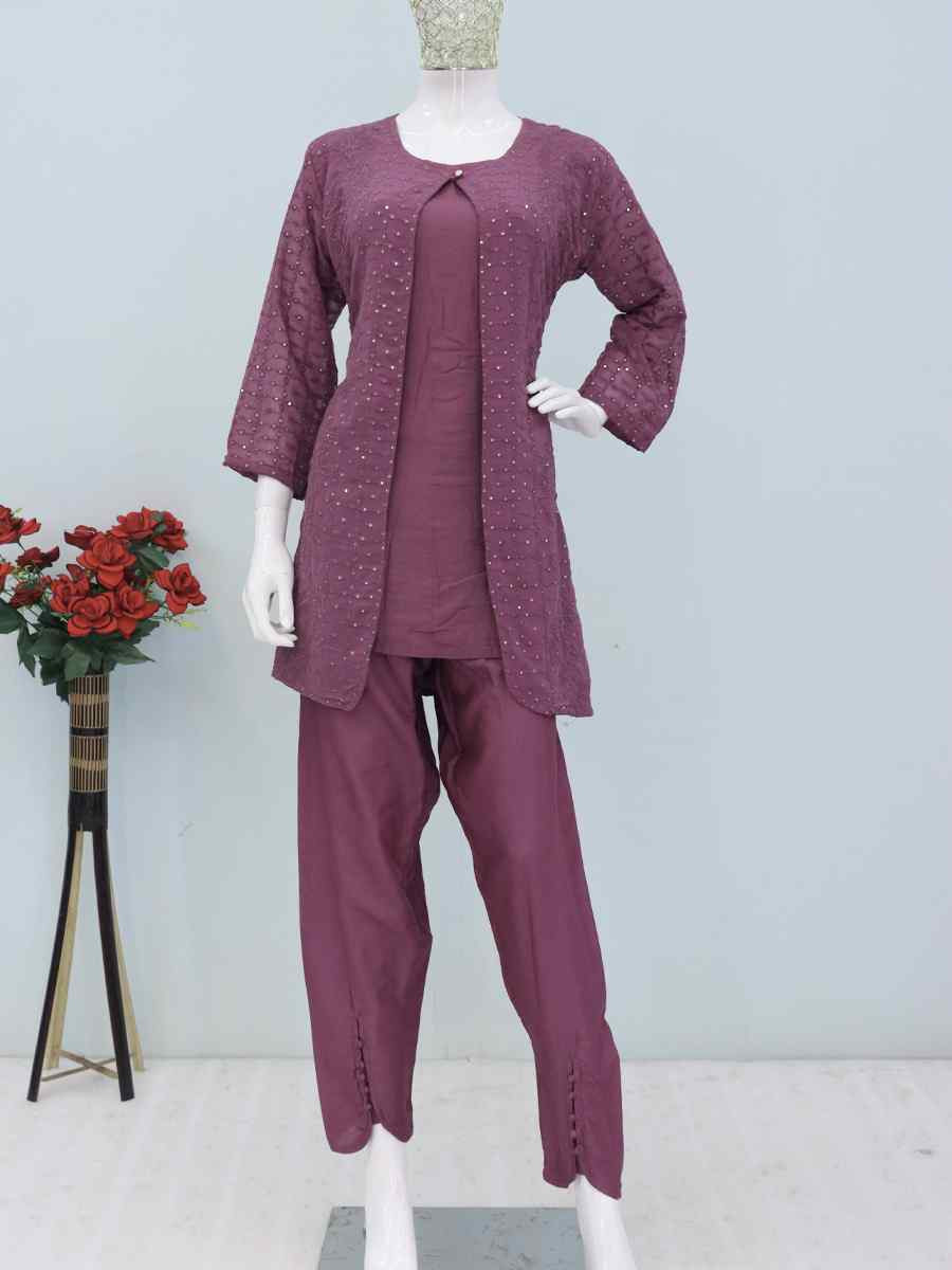 Purple Faux Georgette Embroidered Festival Casual Kurti Bottom Women Wear