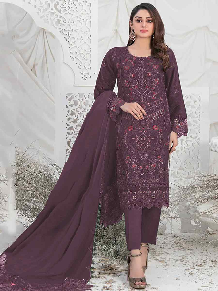 Purple Faux Georgette Embroidered Festival Casual Pant Salwar Kameez