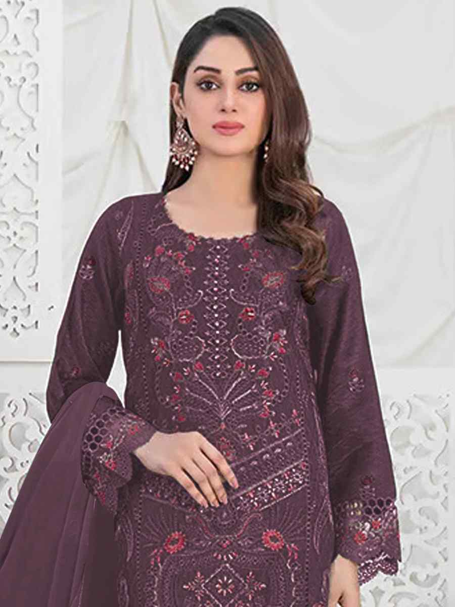 Purple Faux Georgette Embroidered Festival Casual Pant Salwar Kameez
