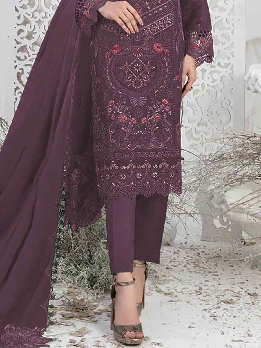 Purple Faux Georgette Embroidered Festival Casual Pant Salwar Kameez