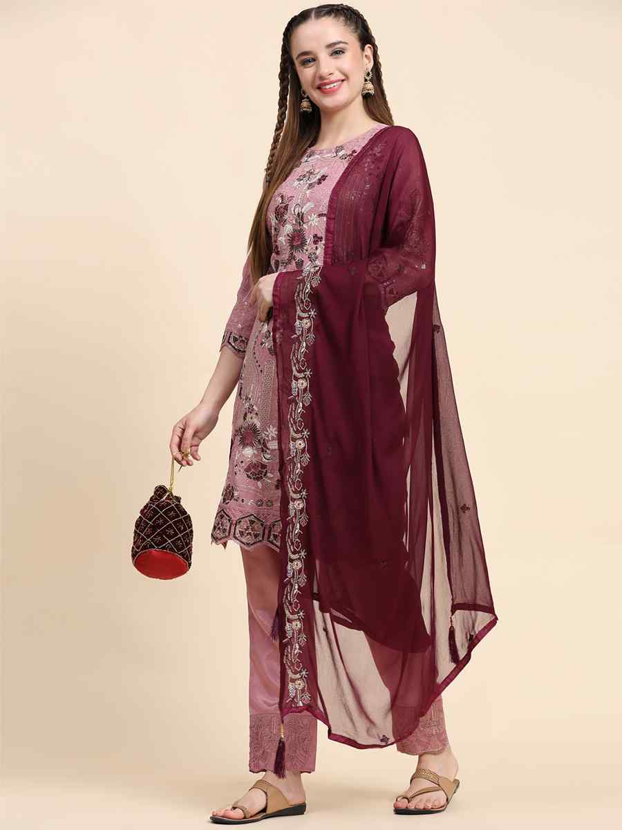 Purple Faux Georgette Embroidered Festival Casual Pant Salwar Kameez