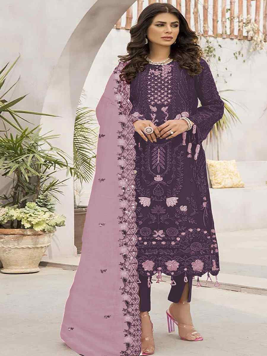 Purple Faux Georgette Embroidered Festival Casual Pant Salwar Kameez