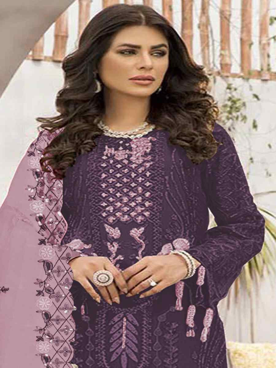 Purple Faux Georgette Embroidered Festival Casual Pant Salwar Kameez