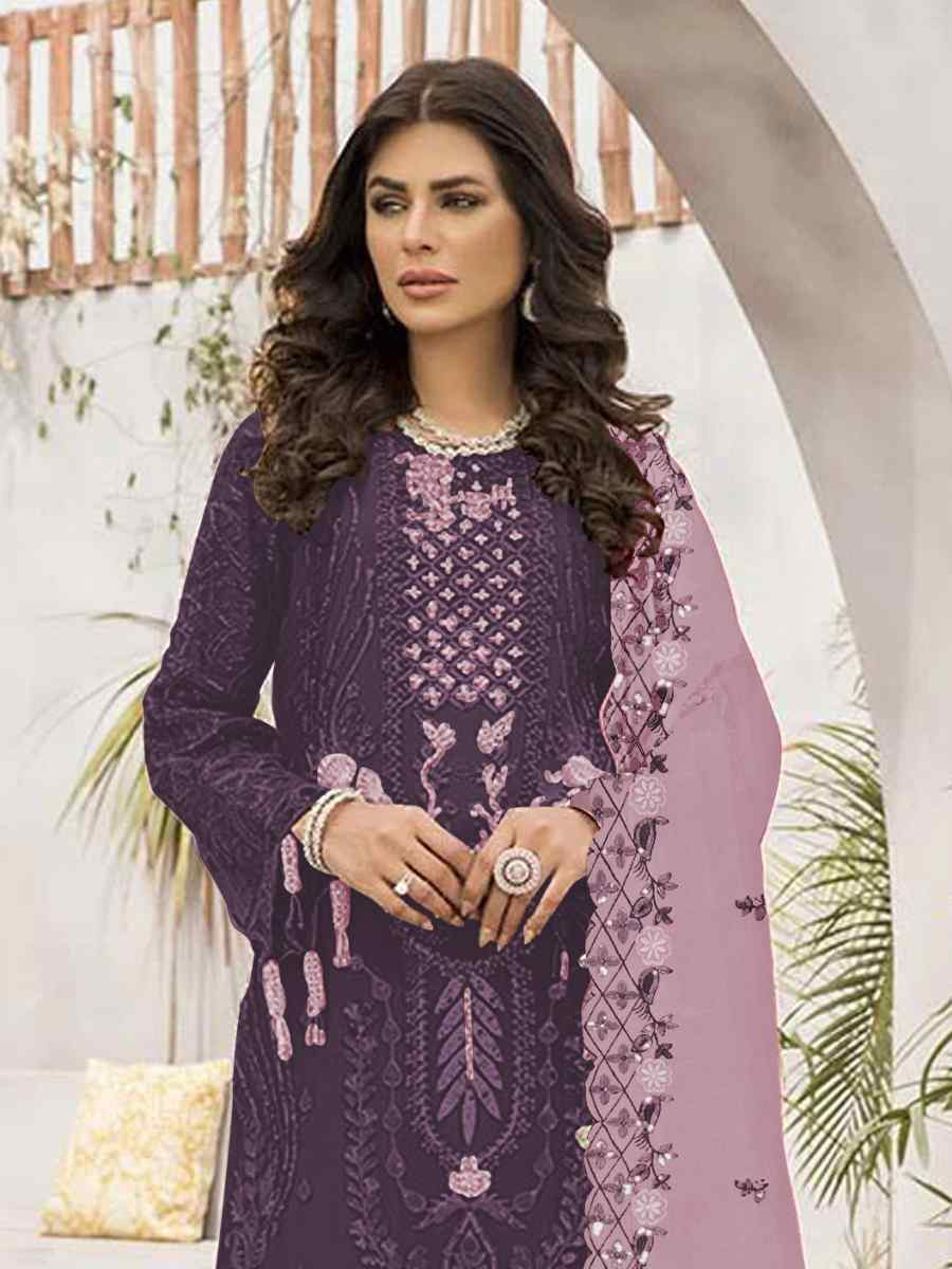 Purple Faux Georgette Embroidered Festival Casual Pant Salwar Kameez
