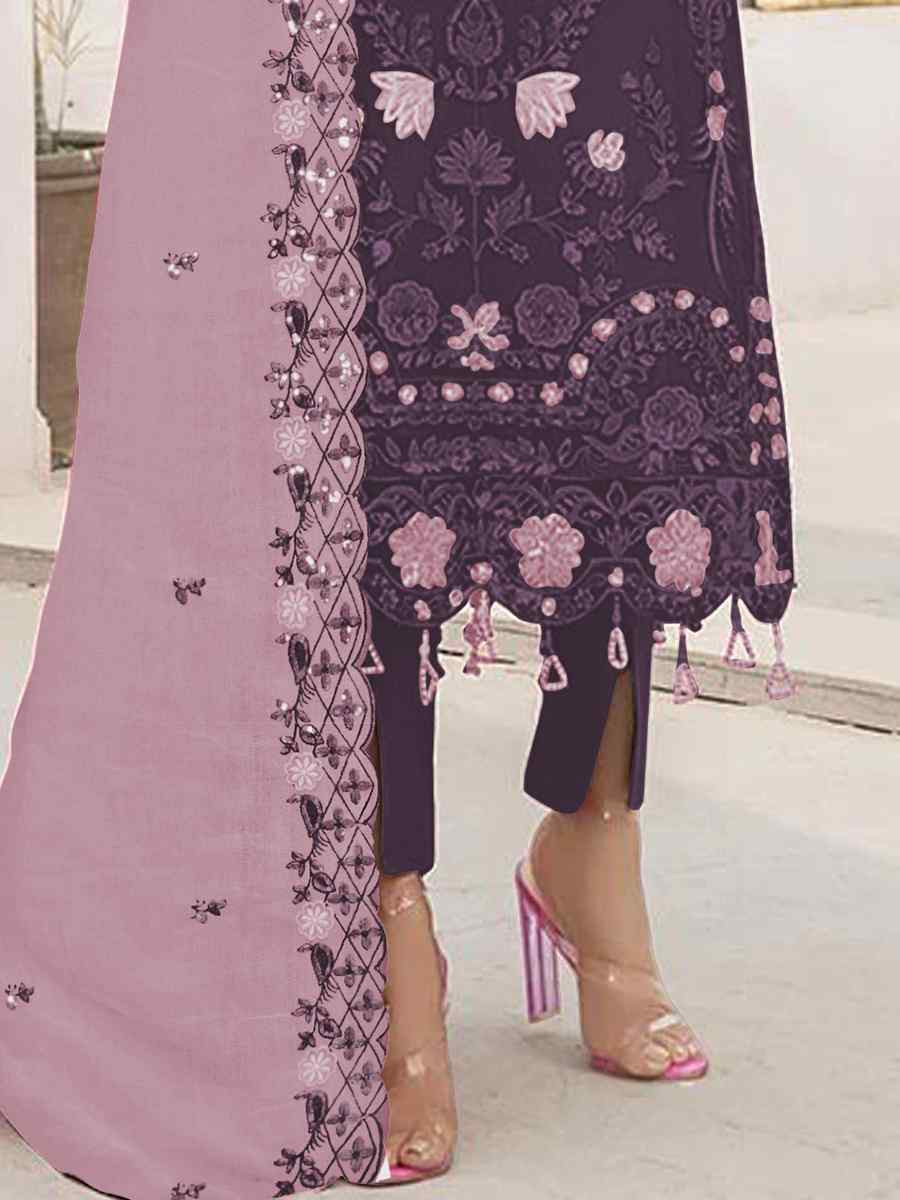 Purple Faux Georgette Embroidered Festival Casual Pant Salwar Kameez