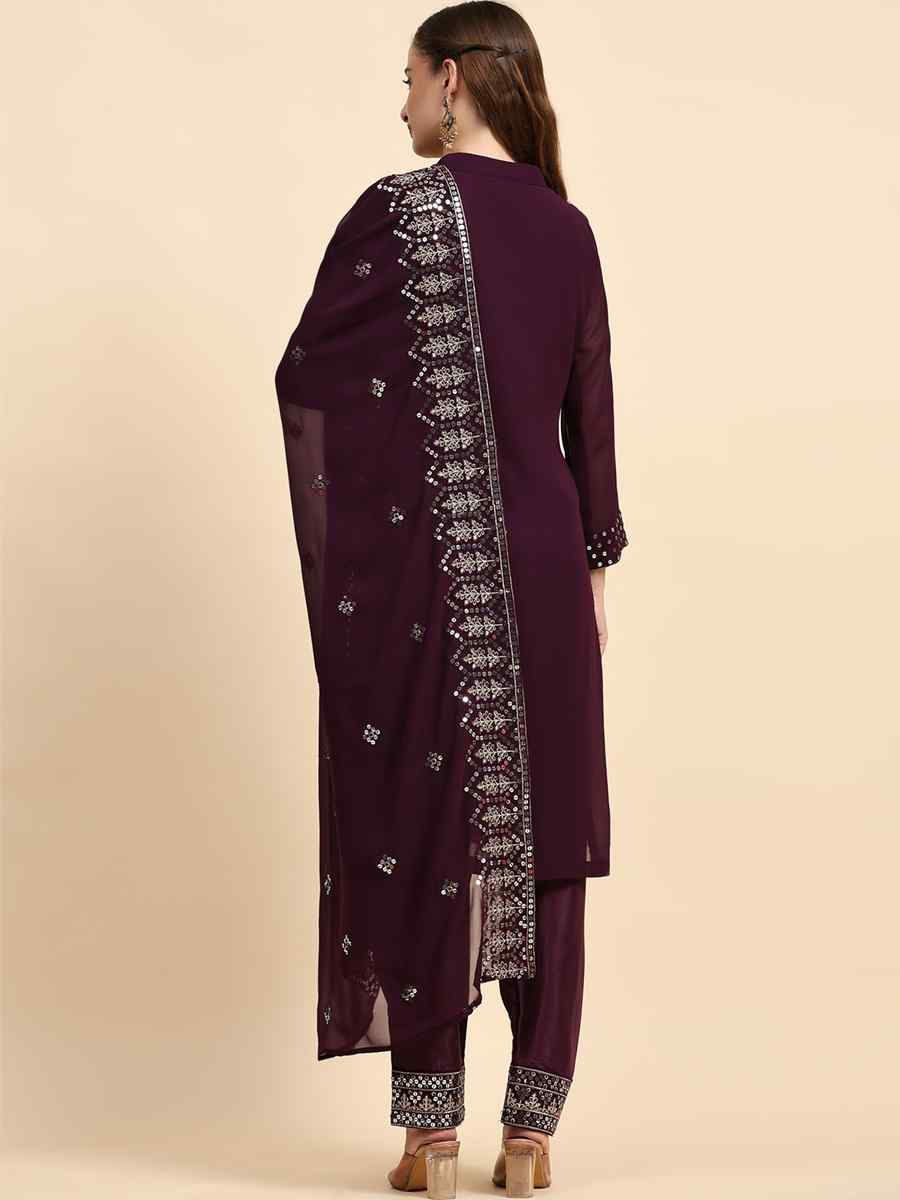 Purple Faux Georgette Embroidered Festival Casual Pant Salwar Kameez