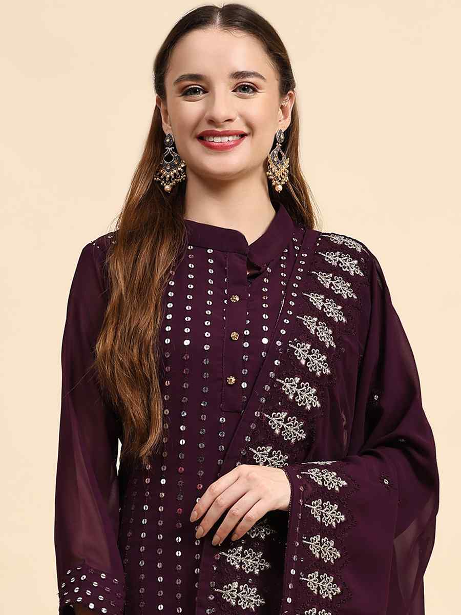Purple Faux Georgette Embroidered Festival Casual Pant Salwar Kameez